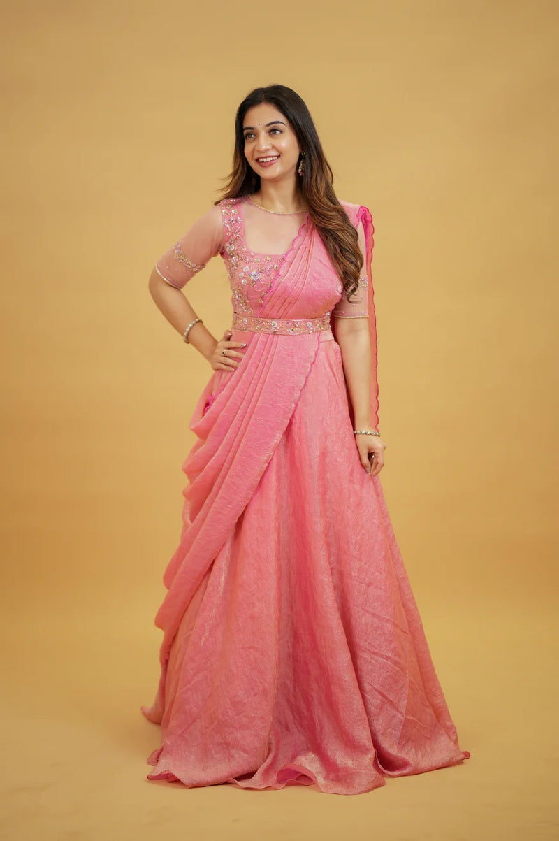 Premium Onion Pink Designer Lehenga Saree with Handworked Crop Top