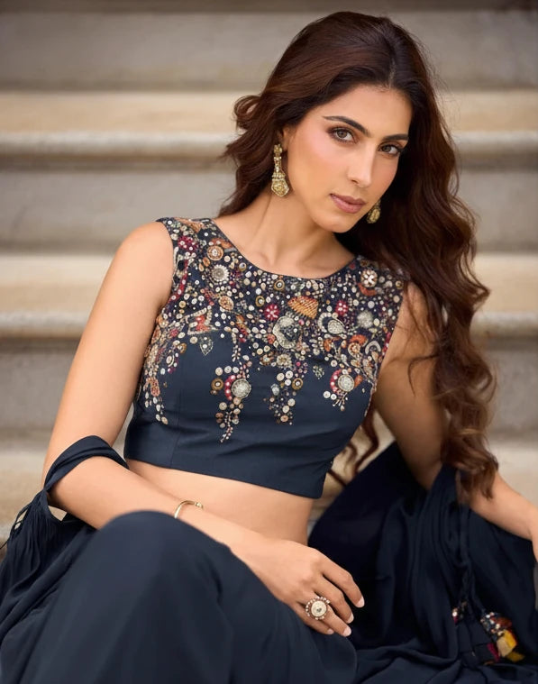 Meher Midnight Georgette Embroidered Indo Western Lehenga