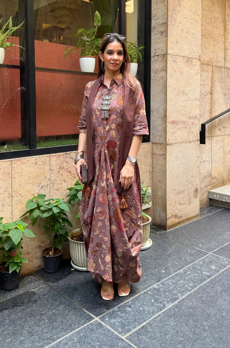 Mocha Bloom Fusion Drape Cotton Dress