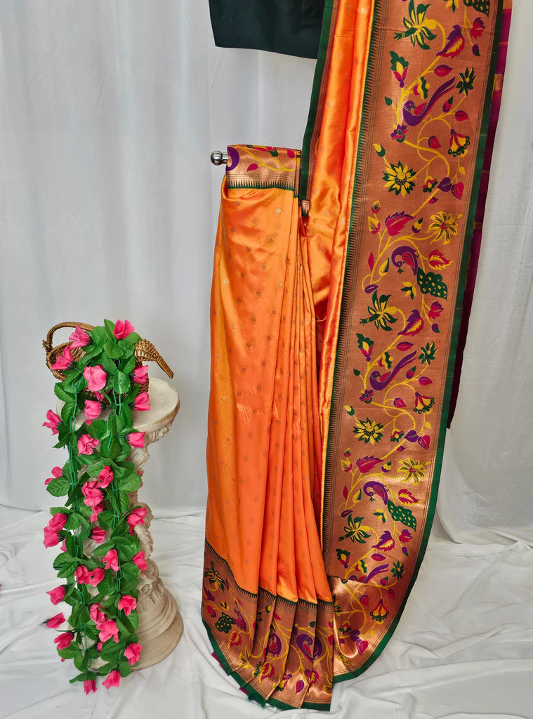 Surmayi Orange Soft Silk Paithani Saree with Lotus & Peacock Copper Zari Pallu