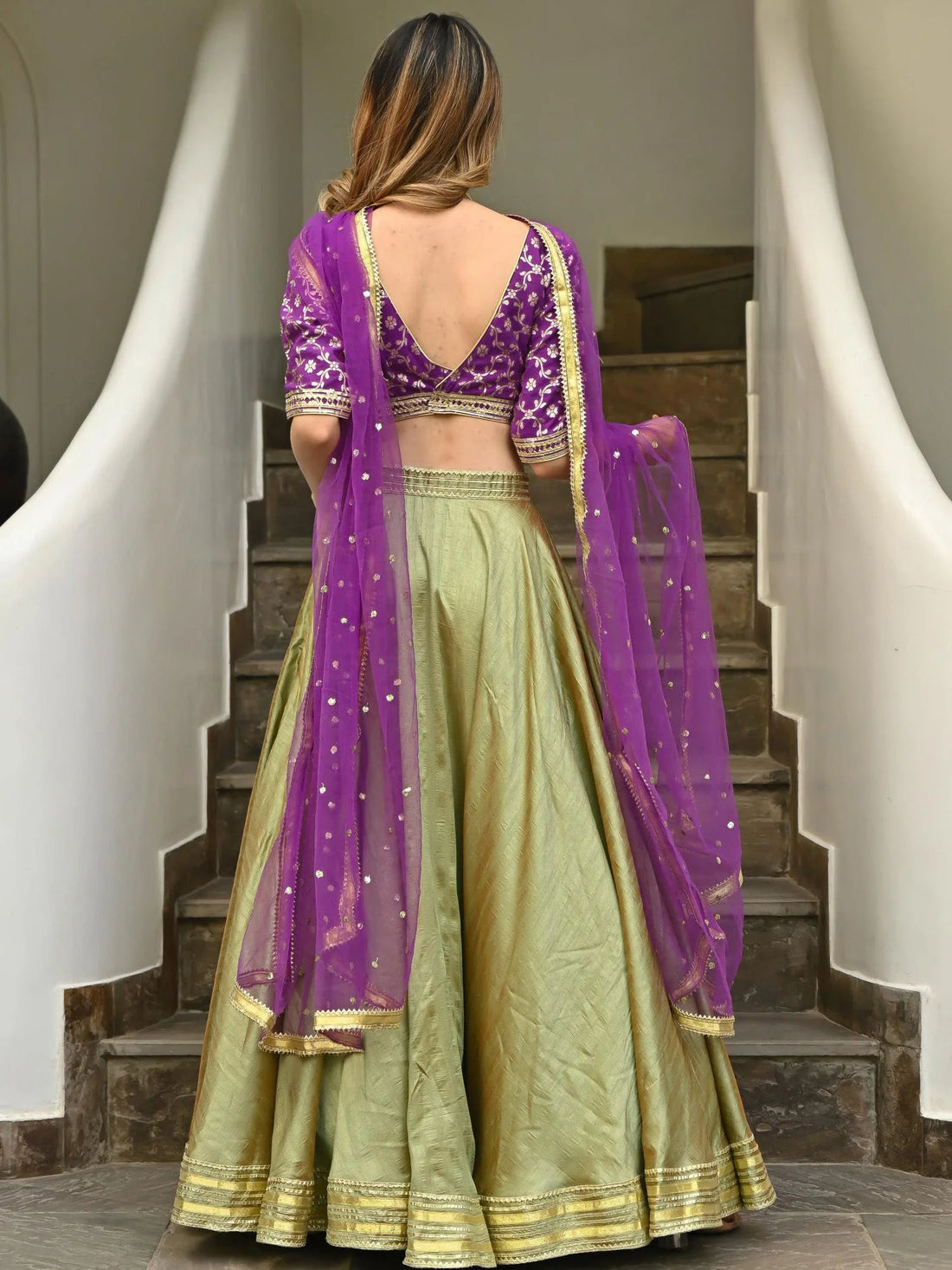 Green Purple Brocade Gota Lehenga Set