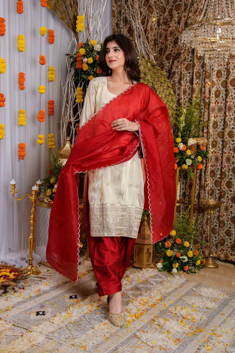 Beige And Red Tissue Kurta Set- By Reet Lifestyle