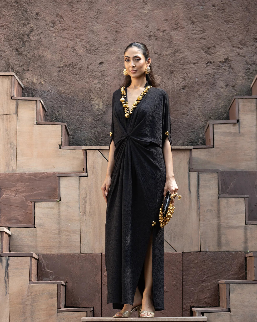 Siyah Mehr Ghungroo Draped Kaftan Gown