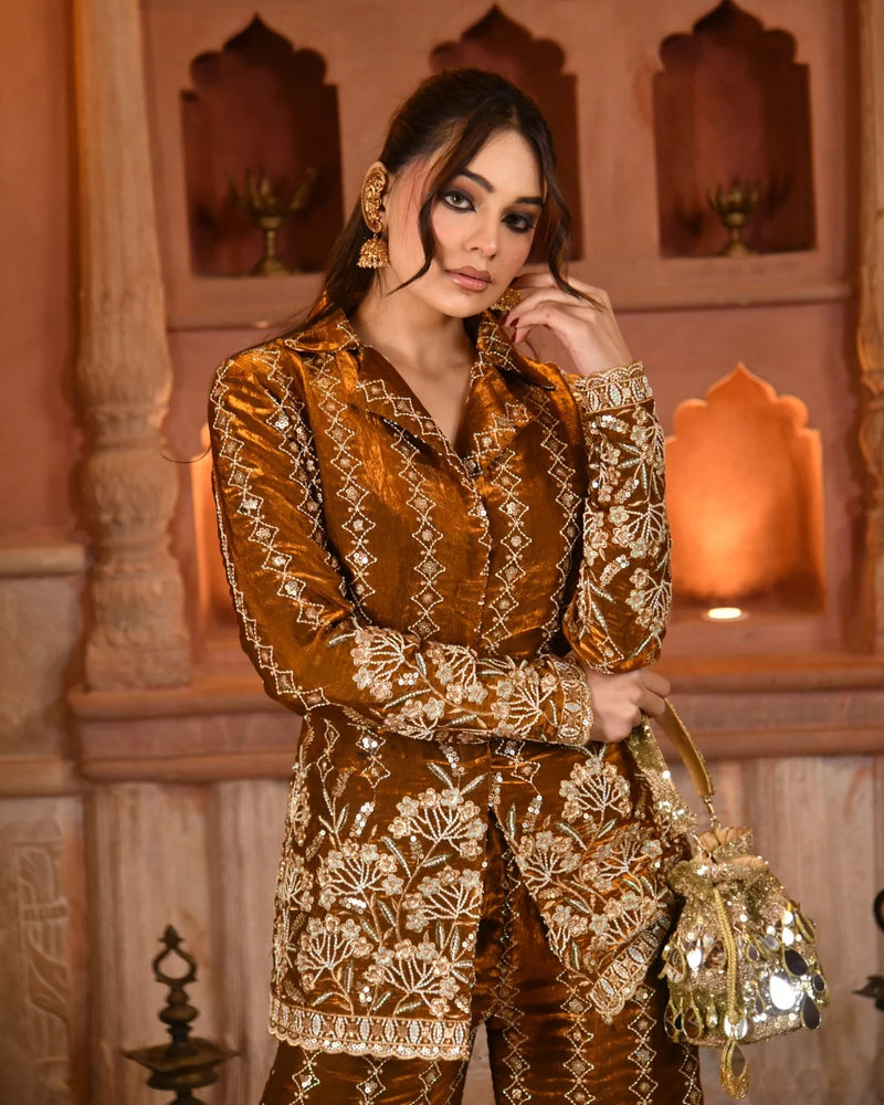 Copper Luxe Embroidered Blazer Co-Ord Set