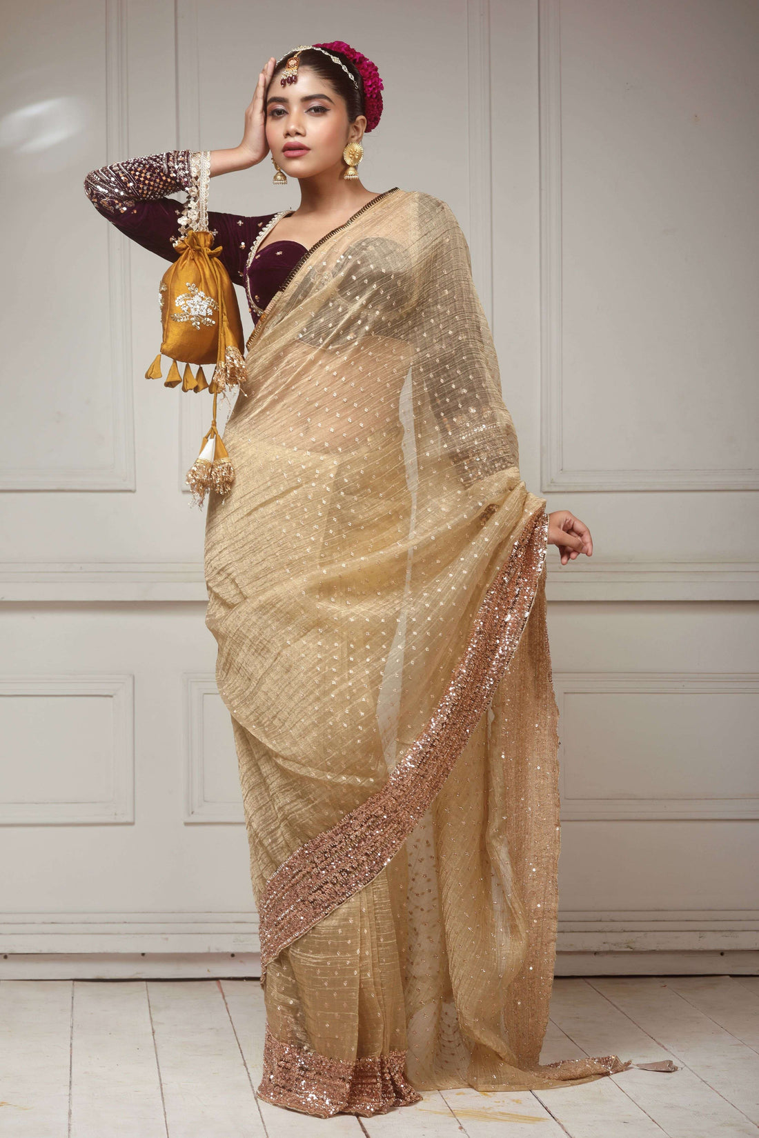 Brushed Gold Crush Tissue Saree with Dark Purple Velvet Embroidered Blouse