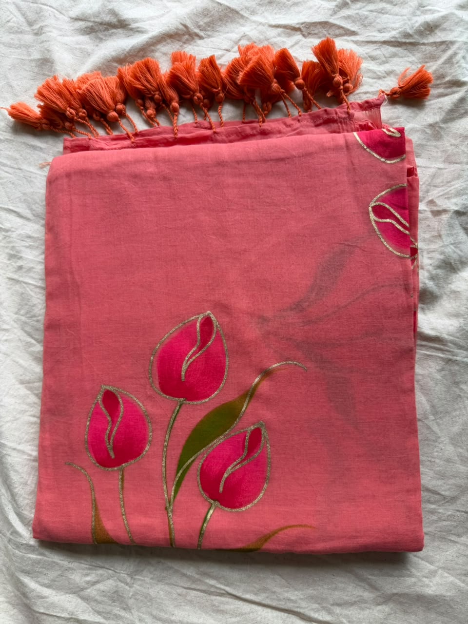 Sunshine Yellow Hand-Painted Tulip Mul Cotton Saree