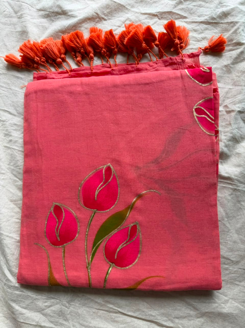 Sunshine Yellow Hand-Painted Tulip Mul Cotton Saree