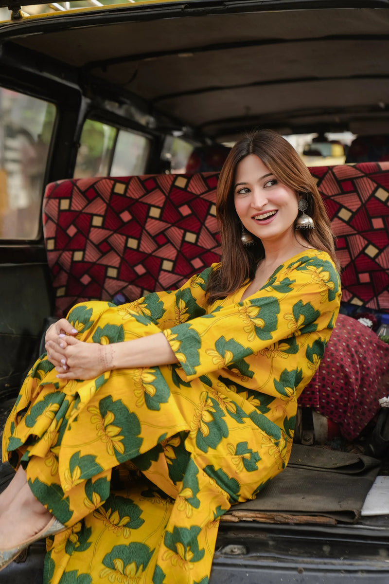 Saina Yellow A-Line Suit Set- By Reet Lifestyle