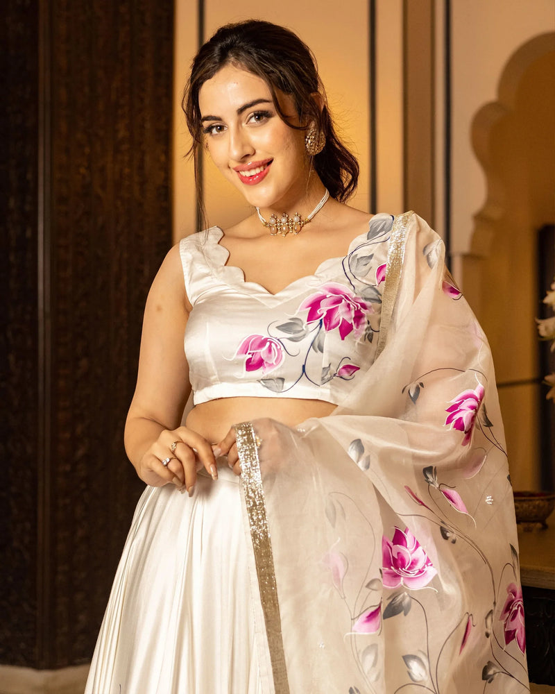 Green Hand-Painted Floral Satin Lehenga Set