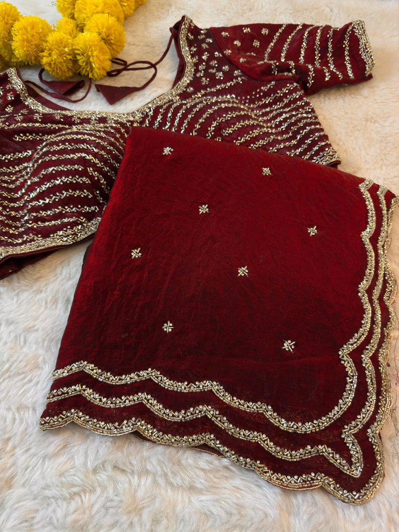 Garnet Red Fendy Silk Saree with blouse - By Reet Lifestyle