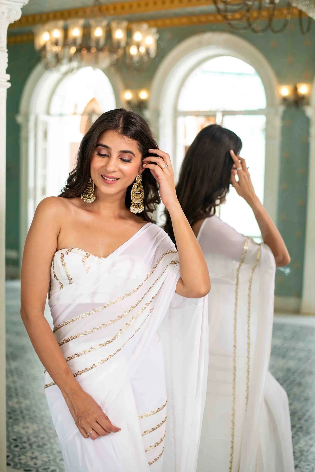 White Sequin Skirt Saree with blouse- By Reet Lifestyle