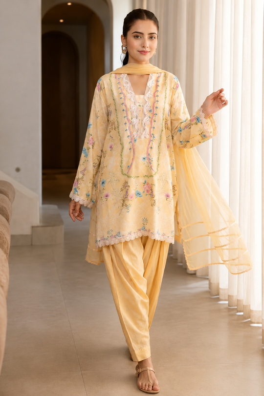 Women's Yellow Floral Muslin Farshi Salwar Suit Set