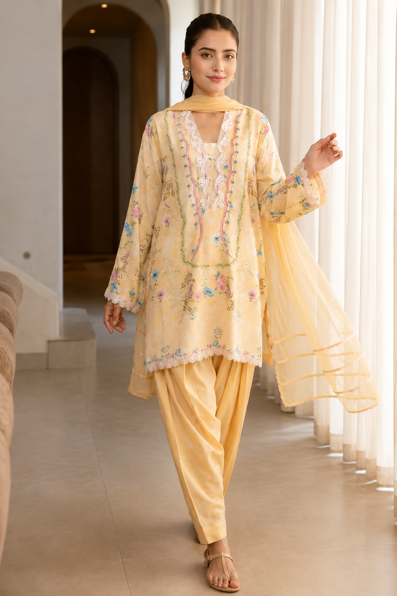 Women's Yellow Floral Muslin Farshi Salwar Suit Set