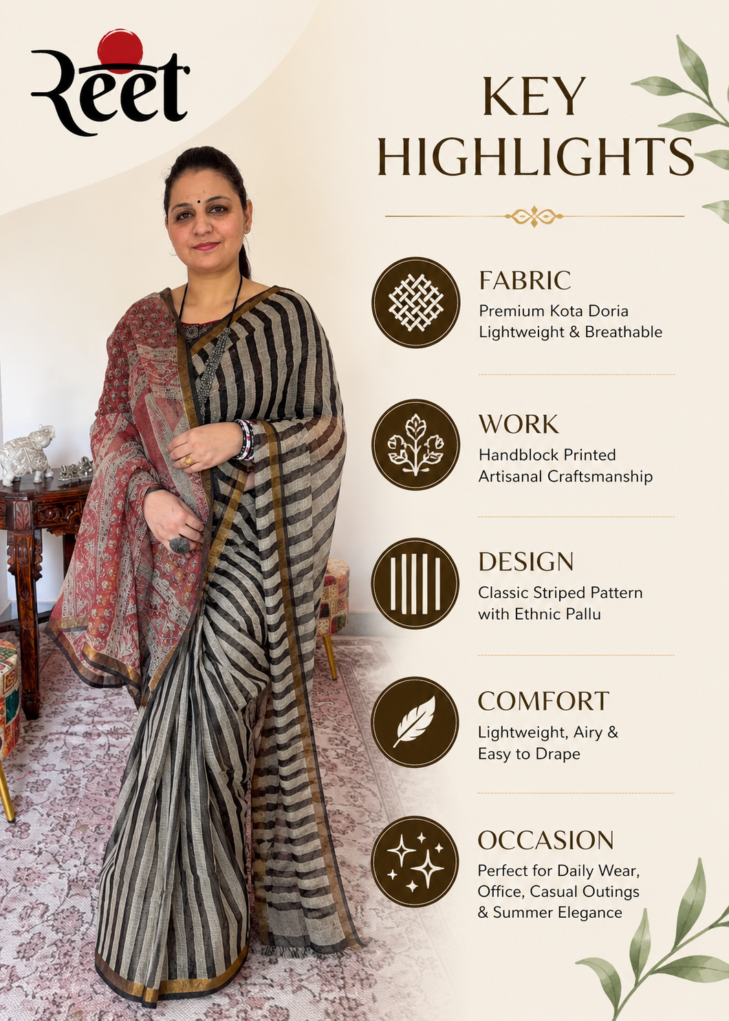 Handblock Kota Doria Striped Saree