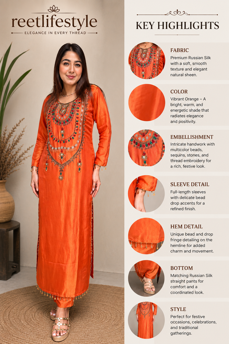 Rust Orange Simmer Tissue Embroidered Long Kurta Set