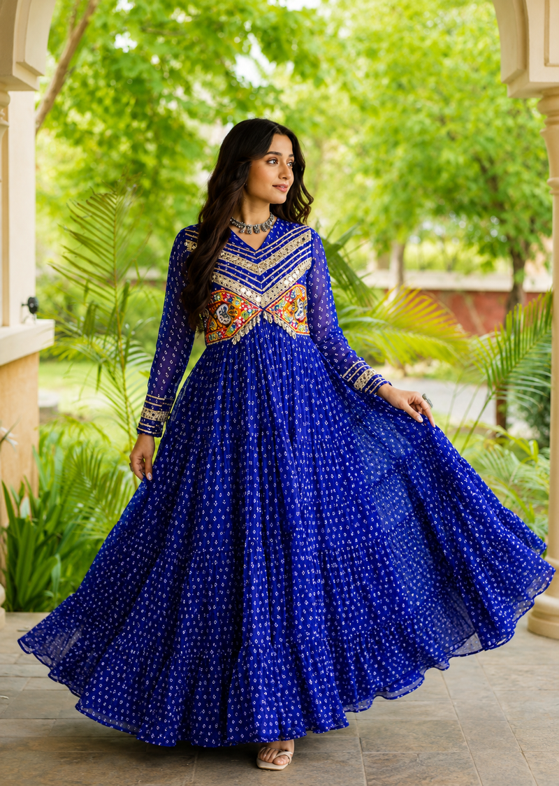 Bandhani Printed Gown with Kutchi Patchwork