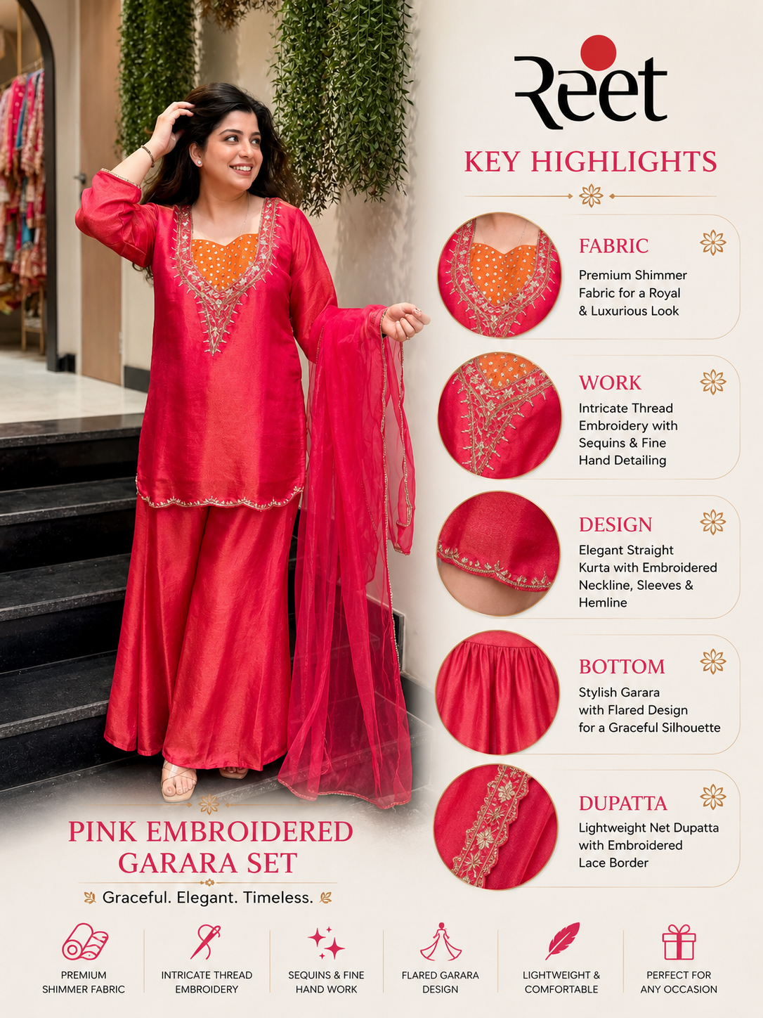 Hot Pink Shimmer Tissue Embroidered Suit Set