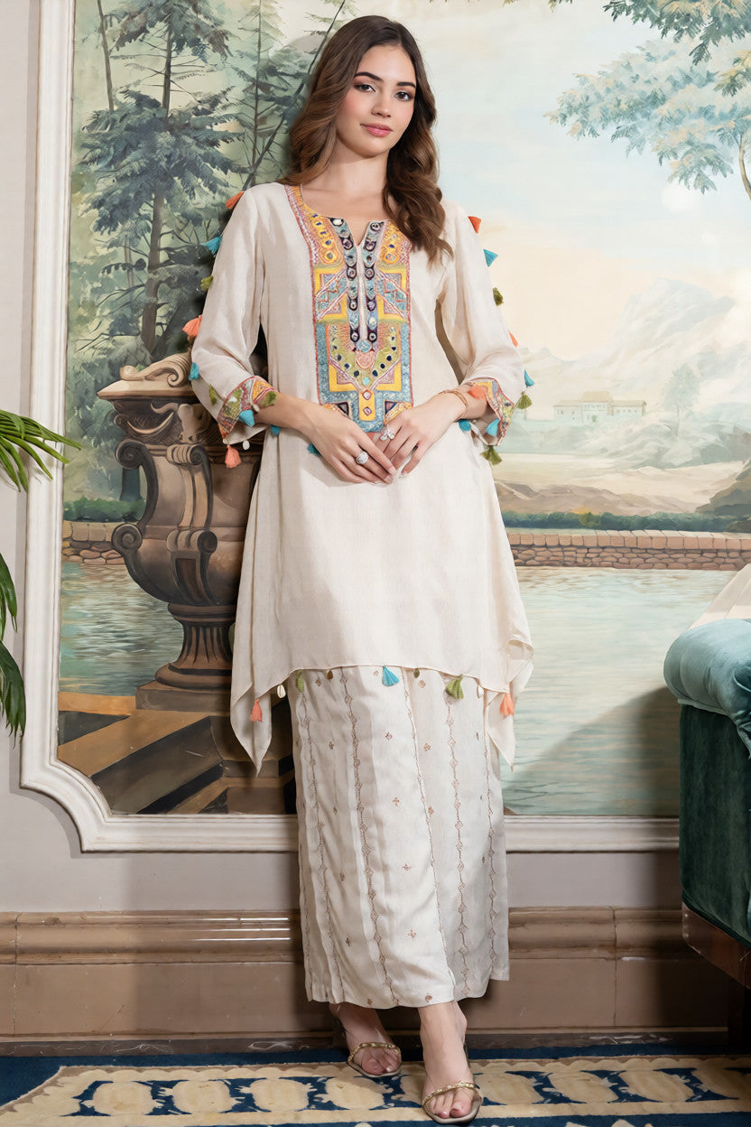 Off-White Muslin Embroidered Co-Ord Set