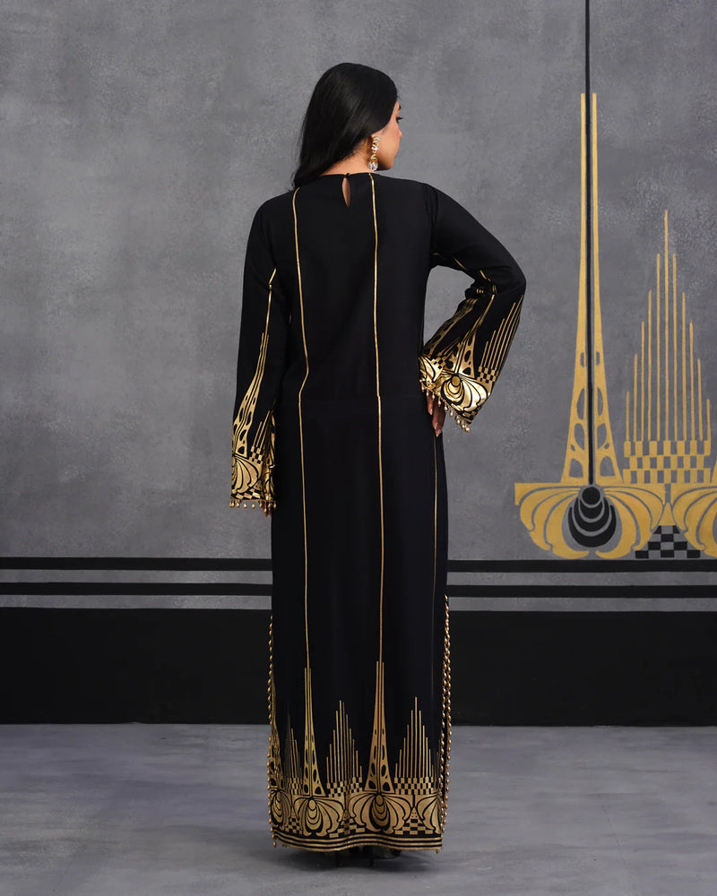 Royal Luxurious Noir Gold Foil Kaftan Dress