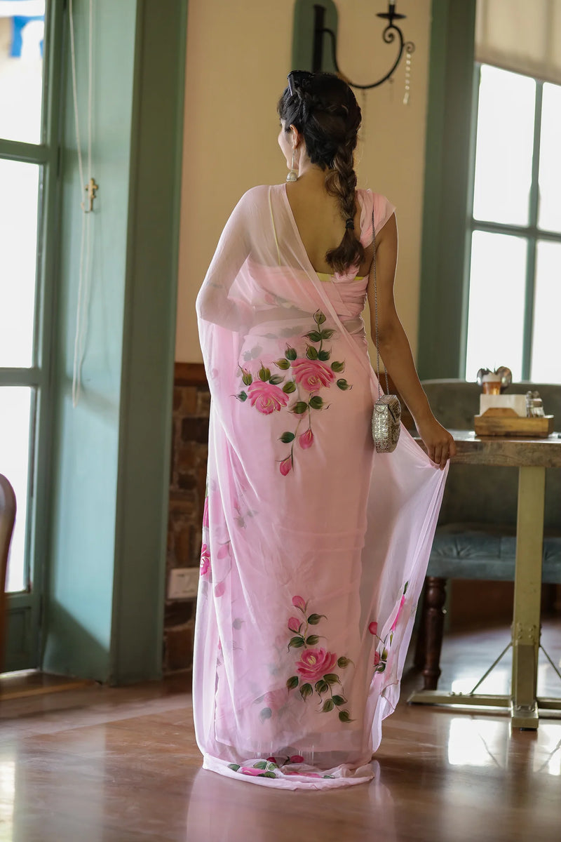 Gulrooh Hand-Painted Pure Chiffon Saree with Blouse