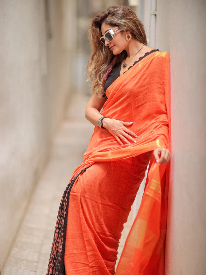 Coral Glow Soft Linen Quirky Saree