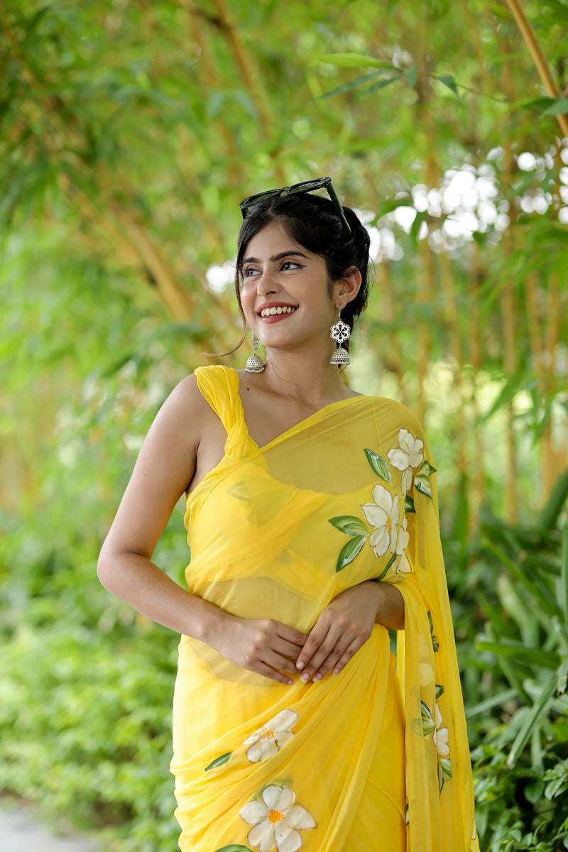 Surya Gul Hand-Painted Pure Chiffon Saree