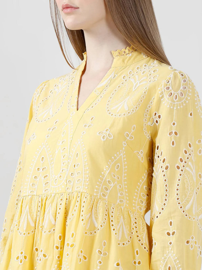 Yellow Cotton Schiffli Embroidered Mini Dress