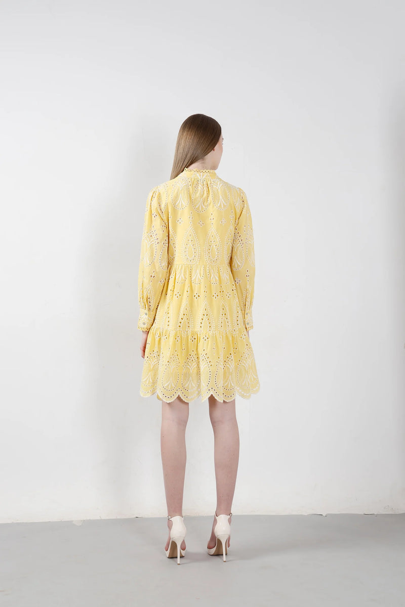 Yellow Cotton Schiffli Embroidered Mini Dress