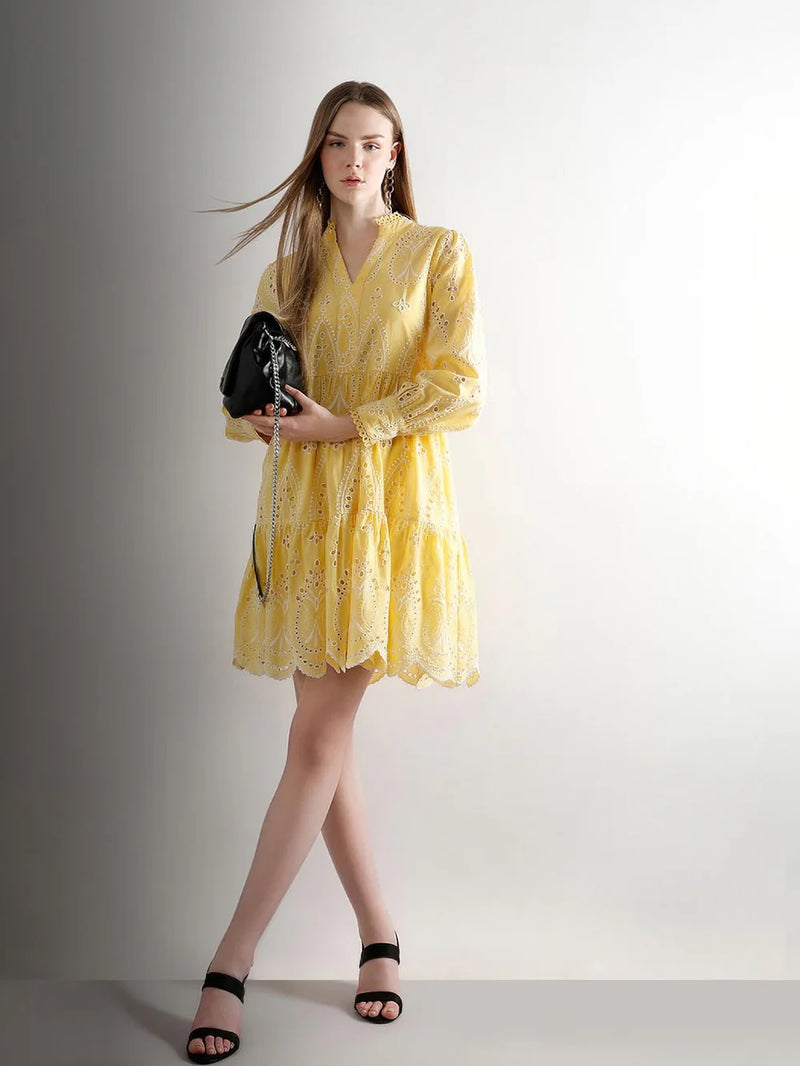 Yellow Cotton Schiffli Embroidered Mini Dress