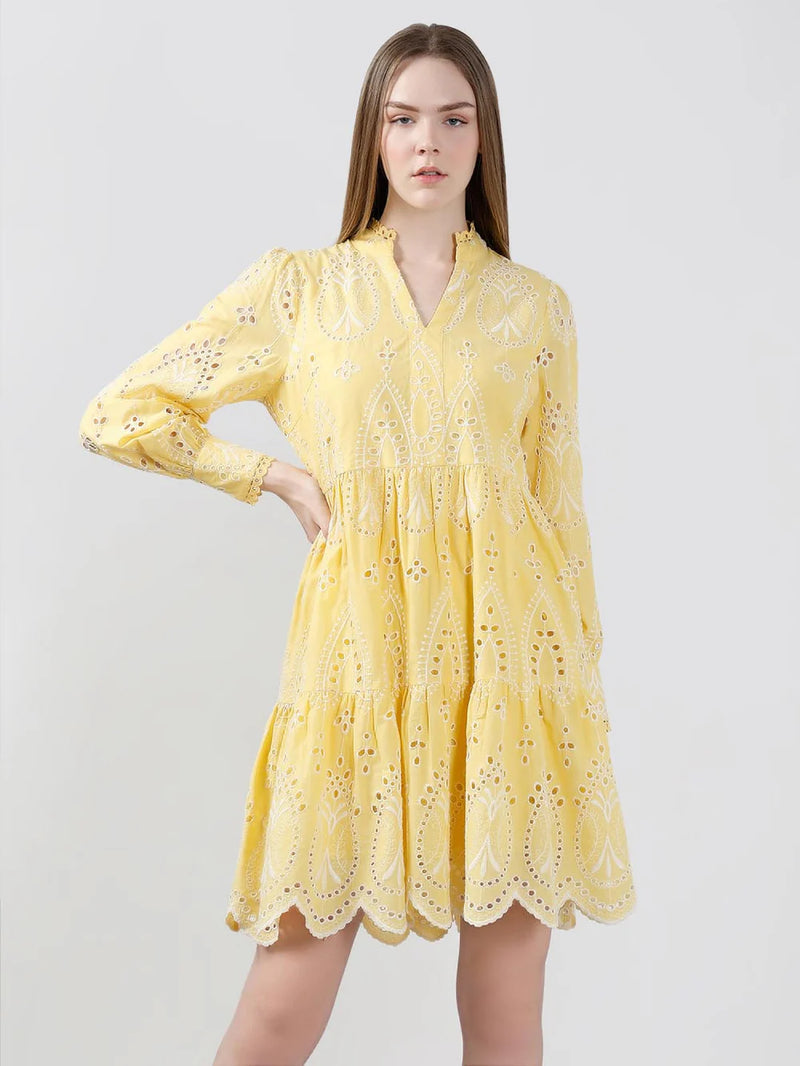 Yellow Cotton Schiffli Embroidered Mini Dress