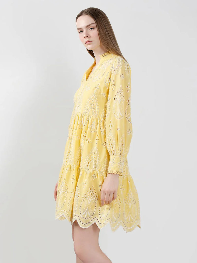 Yellow Cotton Schiffli Embroidered Mini Dress