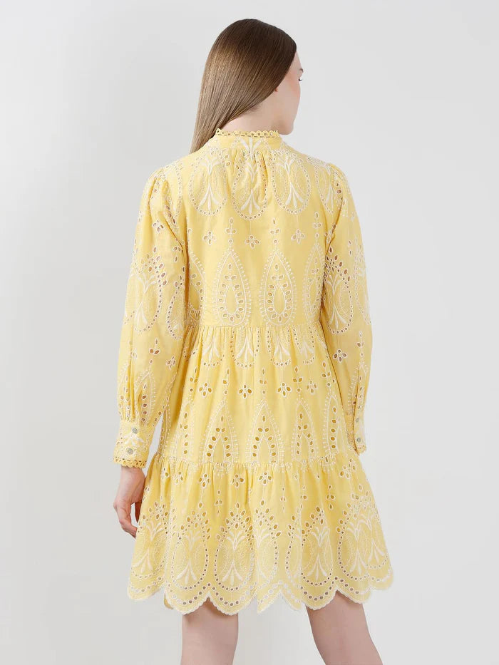 Yellow Cotton Schiffli Embroidered Mini Dress