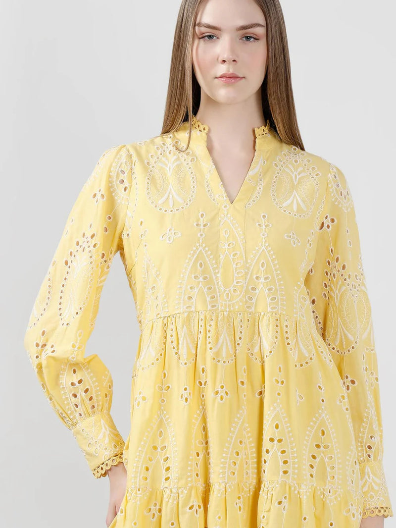 Yellow Cotton Schiffli Embroidered Mini Dress
