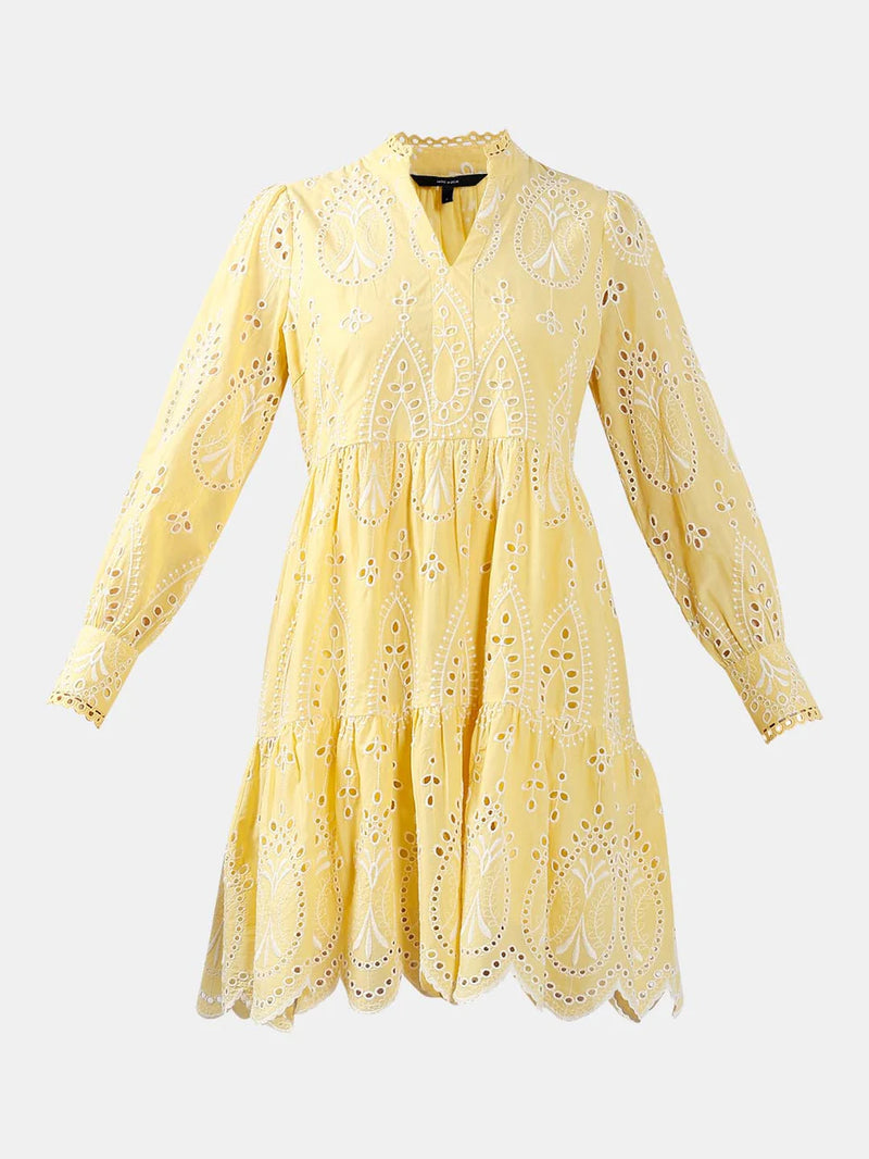 Yellow Cotton Schiffli Embroidered Mini Dress