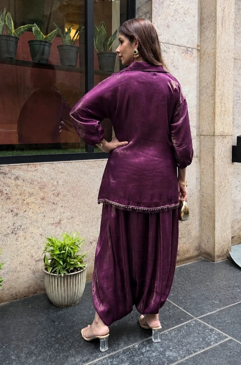 Mahira Luxe Shimmer Silk Tunic Top with Dhoti Skirt