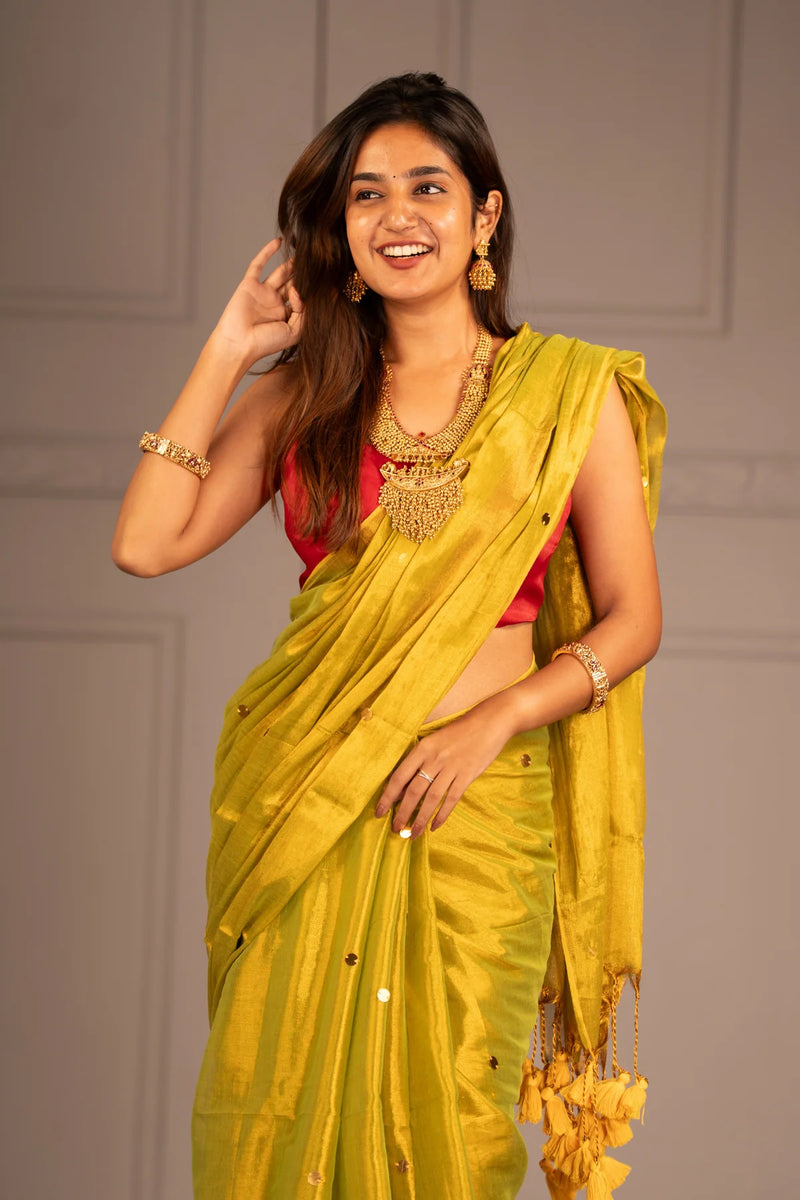 Sunbeam Yellow Tissue Mul Cotton Saree