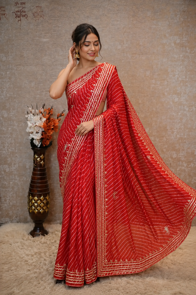 Rani Pink Leheriya Saree with Handcrafted Kacchi Gota Patti Work
