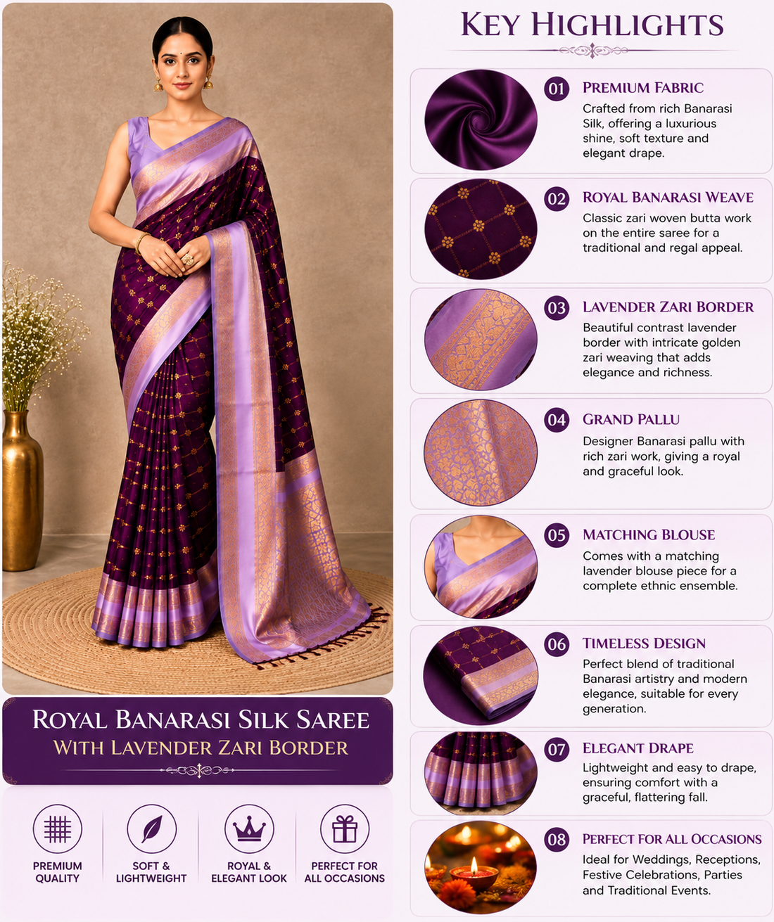 Banarasi Silk Saree with Lavender Zari Border