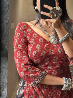 Ajrakh Black cotton chaniya choli kurta style blouse