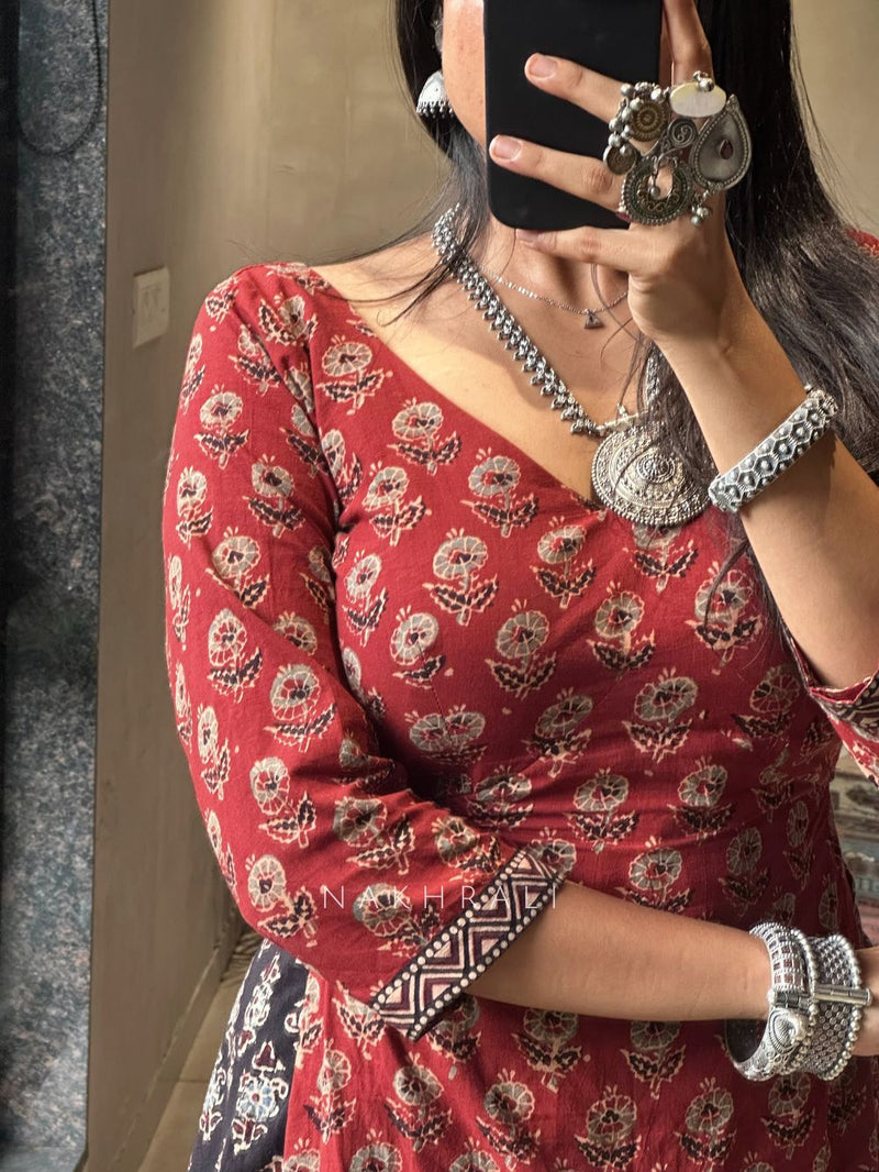 Ajrakh Black cotton chaniya choli kurta style blouse