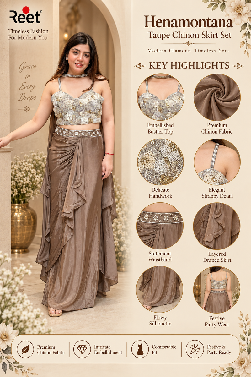Henamontana Taupe Chinon Skirt Set Lehenga