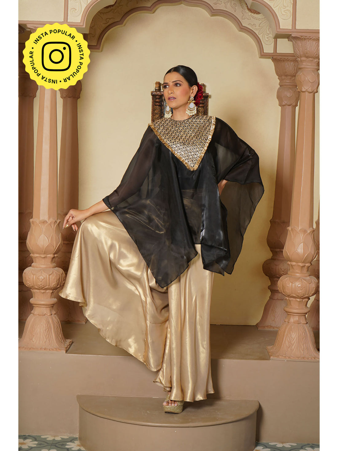 Noir Embroidered Kaftan & Satin Palazzo Ensemble