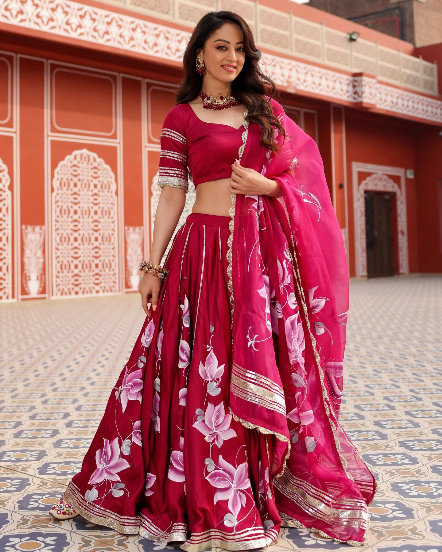 Magenta Pink Handpainted Lehenga Set with Stitched Blouse