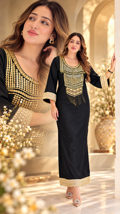 Noor-E-Shaam Black Gold Embroidered Kaftan Dress
