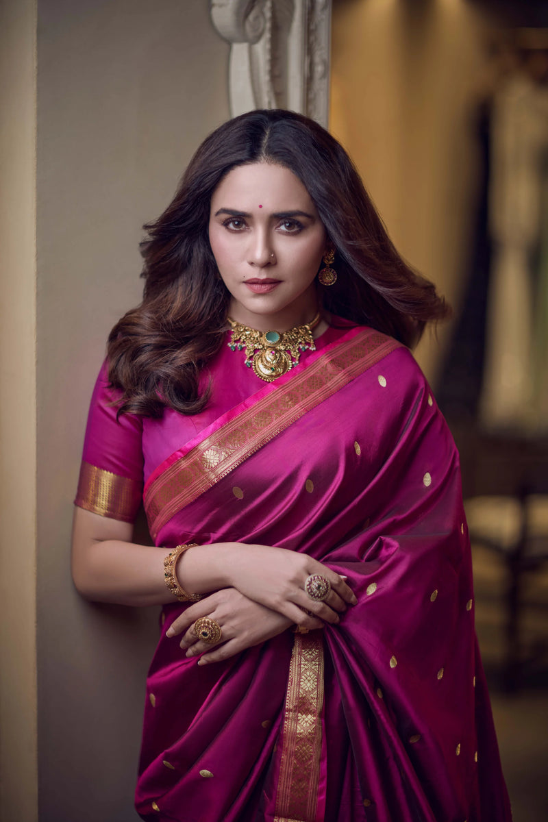 Pure Silk Jijamata  Saree – Rani Pink with Gold Zari Border