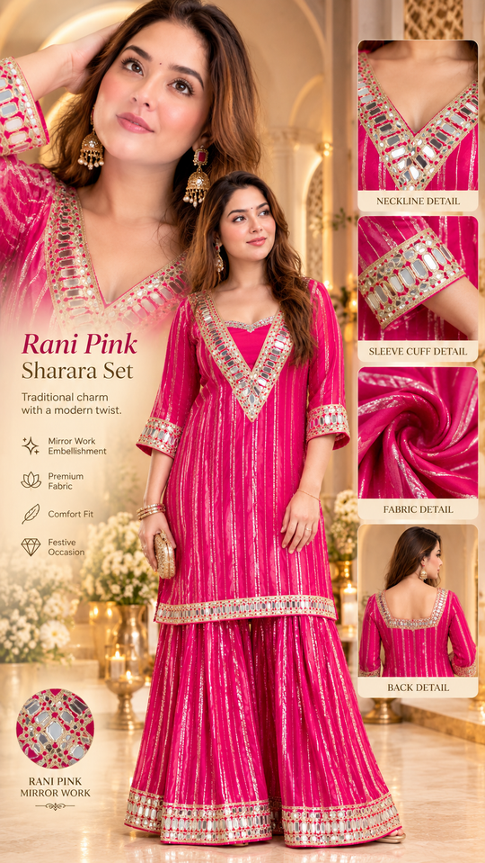 Rani Pink Georgette Kaftan Sharara Set with Real Mirror