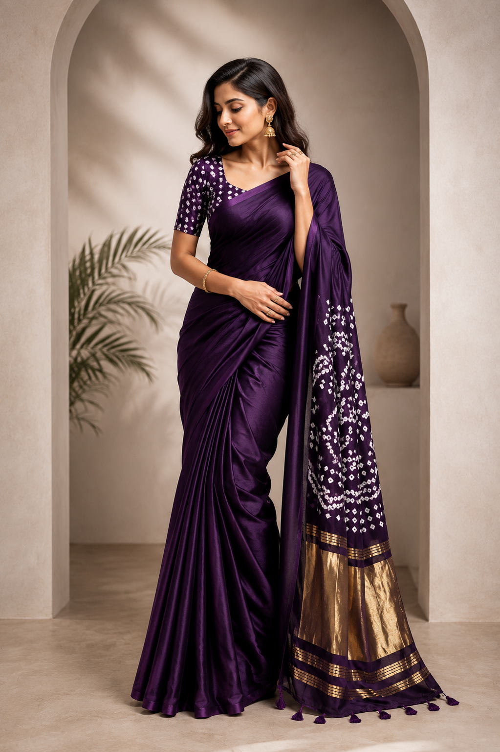 Amora Purple Satin Silk Saree with Gold Tissue Pallu