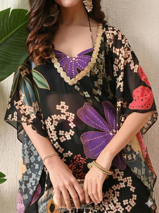 Midnight Bloom Crop Top with Kaftan and Sharara Set