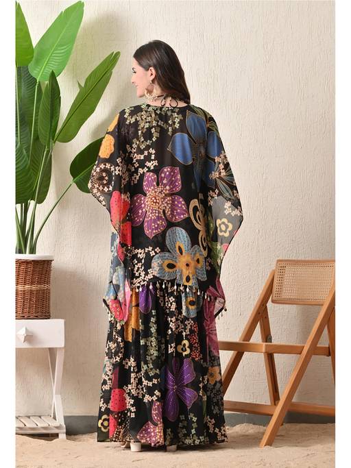 Midnight Bloom Crop Top with Kaftan and Sharara Set