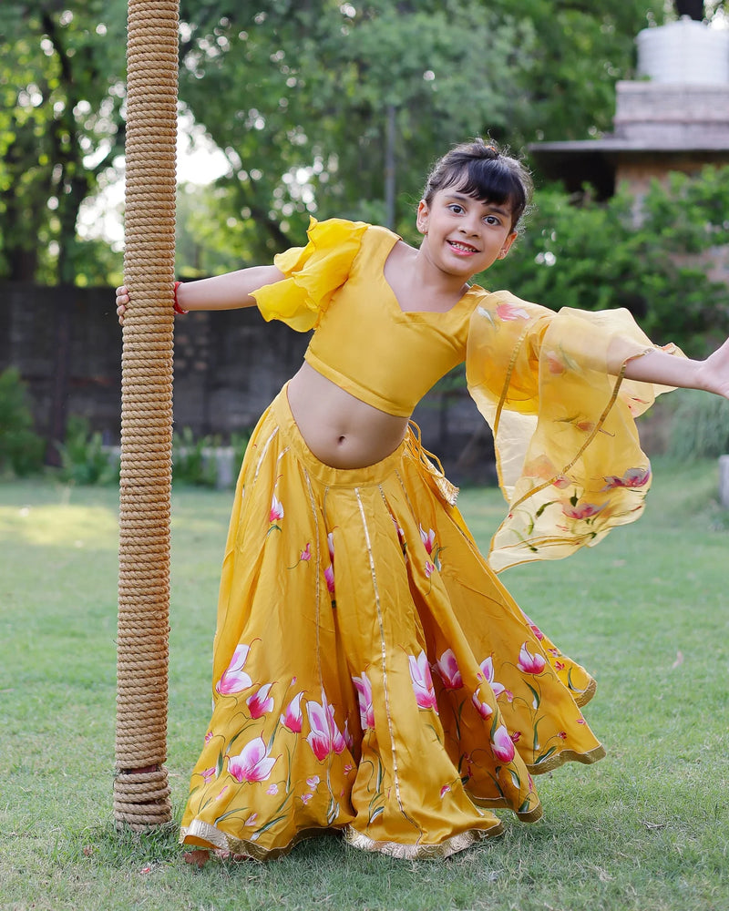 Yellow Daria Satin Handpainted Lehenga Set